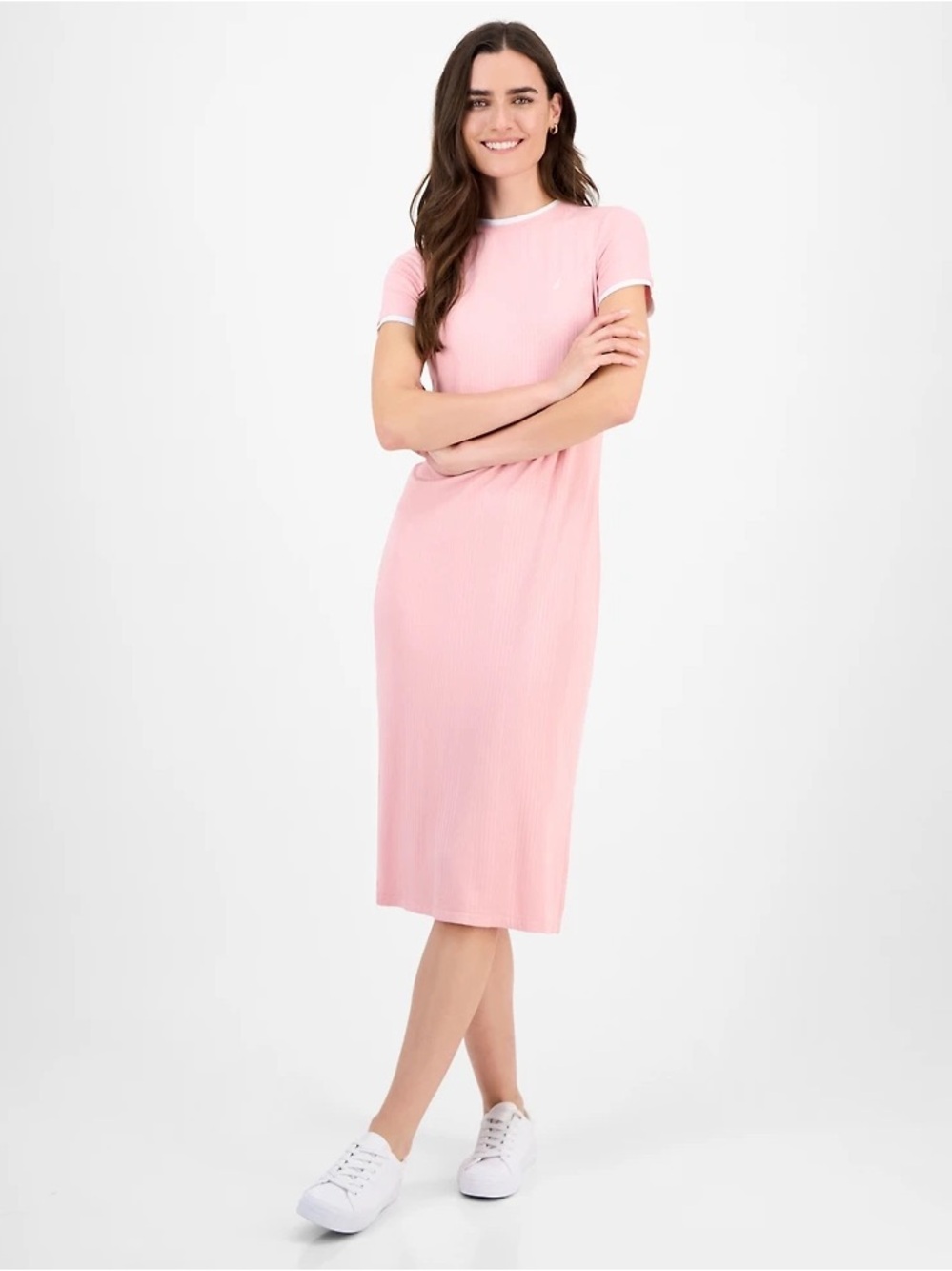 Nautica Pink Bridal Rose Ribbed Knit T-Shirt Midi Dress S NWT